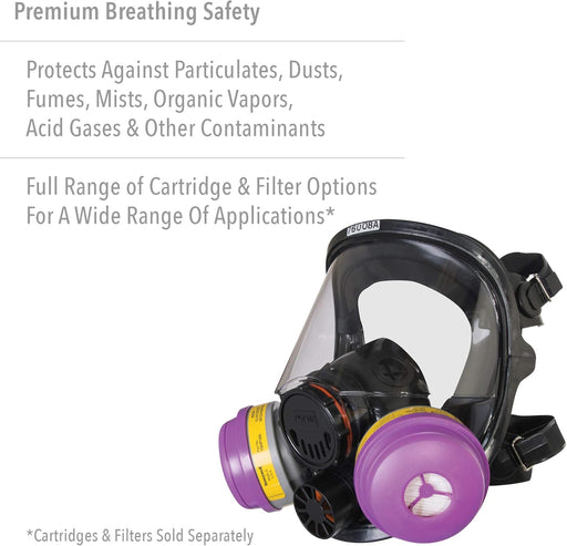 North 760008AS Full-face respirator with purple filter cartridges on a white background