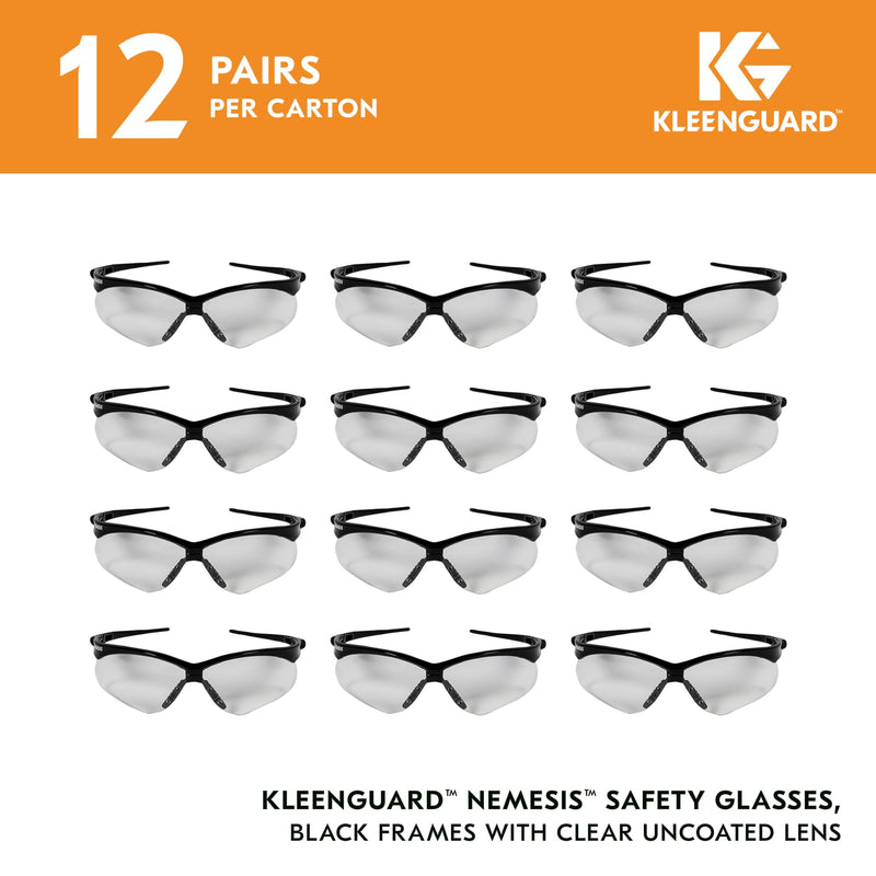 Packaging of KleenGuard V30 Nemesis 25676 safety glasses with 12 pairs per carton on a white background.