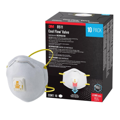 3M 9511 Cool Flow Valve particulate respirator with packaging on a white background