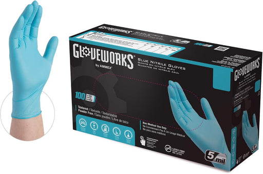 GLOVEWORKS blue nitrile industrial gloves 5 mil food safe powder free box 100