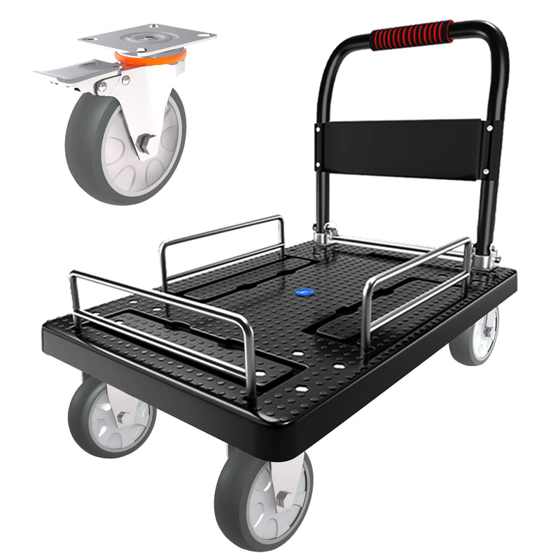 Platform Truck Flatbed Cart Heavy Duty with Brake Wheels and Fence, Foldable Hand Cart