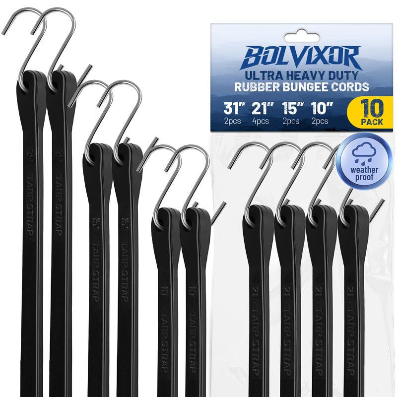Bungee Cords with Hooks 10 Pack, 10-31 in Heavy Duty EPDM Rubber Tarp Straps