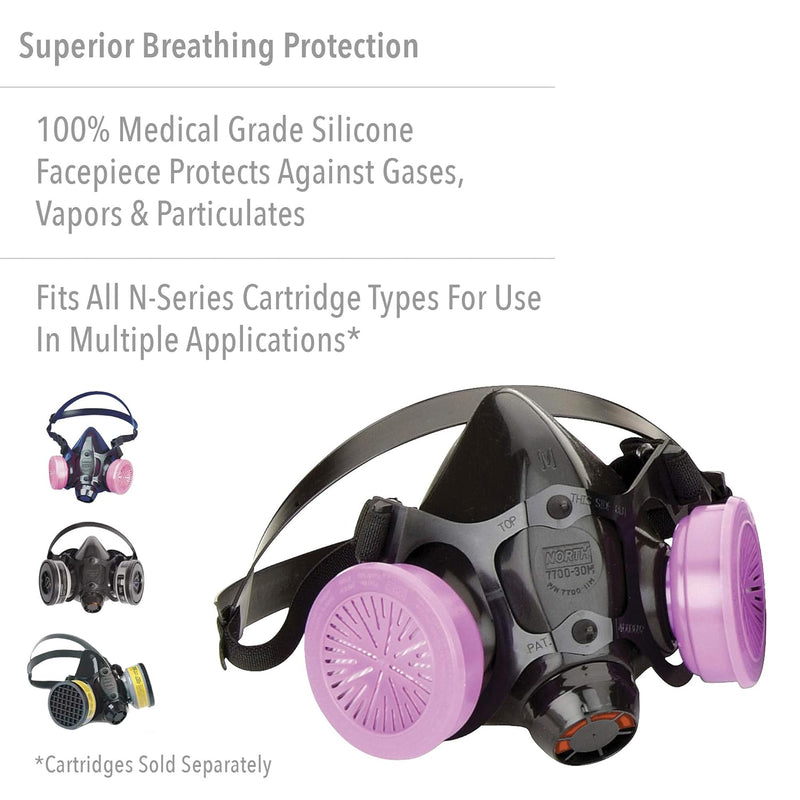 North 770030S Half Mask Respirator mask with purple filter on a white background, featuring text about superior breathing protection.