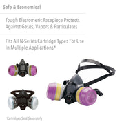 North 550030L Half Mask Respirator with purple filters on a white background