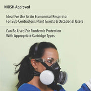 Person wearing a NIOSH-approved North 550030L Half Mask Respirator with text about its use and benefits on a light green background.