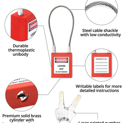 QWORK QS8899 LOTO Cable Locks — 4-Pack Steel with Keys
