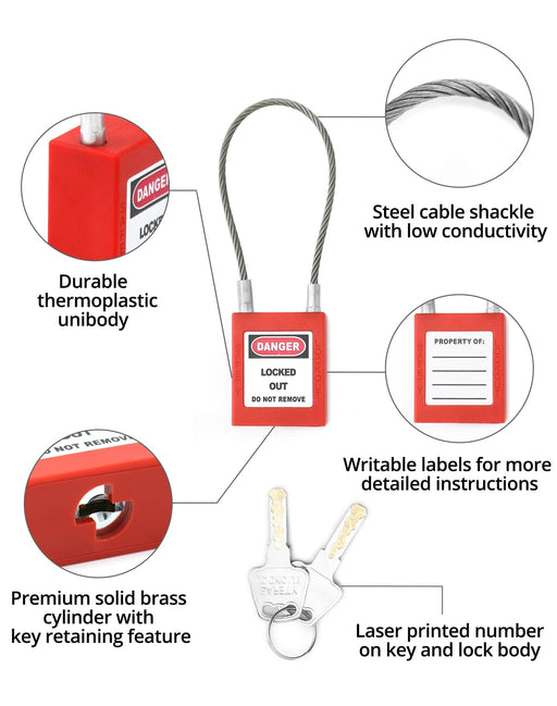 QWORK QS8899 LOTO Cable Locks — 4-Pack Steel with Keys