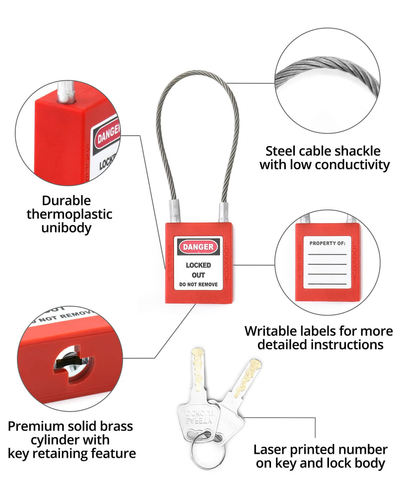 QWORK QS8899 LOTO Cable Locks — 4-Pack Steel with Keys