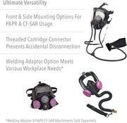 North 760008AS full face mask respirator with mounting options and connectors on a white background