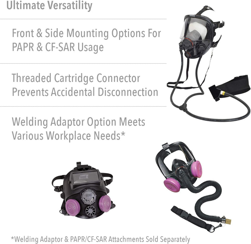North 760008AS full face mask respirator with mounting options and connectors on a white background