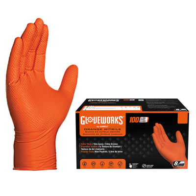 GLOVEWORKS GWON46100 Orange Nitrile Gloves — Heavy Duty — Large