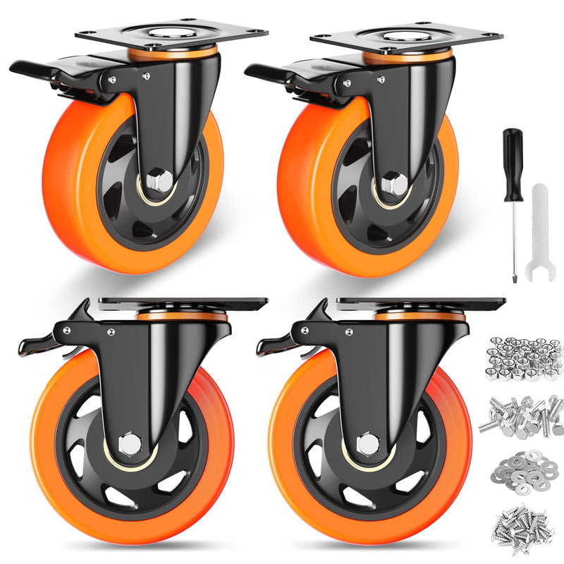 4 Inch Caster Wheels, Casters Set of 4 Heavy Duty with Brake, Polyurethane Dual Lock