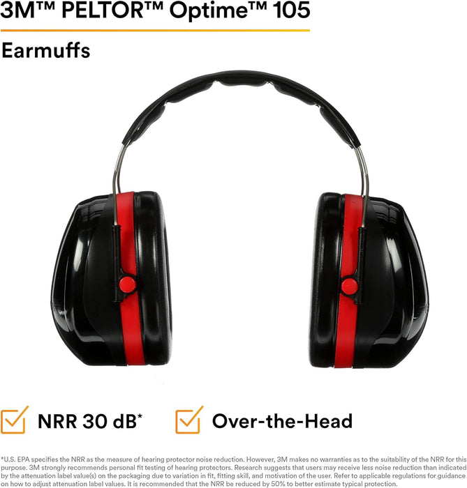 3M H10A Peltor Optime 105 earmuffs with black and red design on a white background