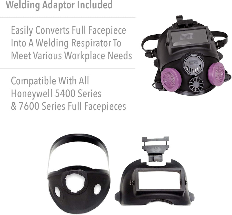 Welding adaptor for converting a North 760008AW full facepiece into a welding respirator with text on a white background.