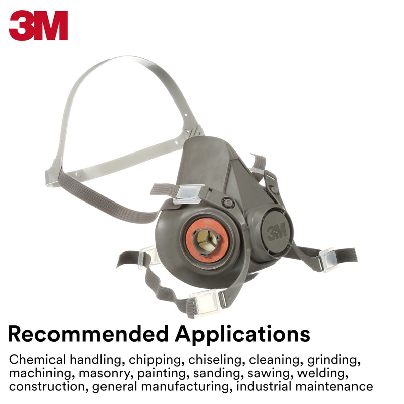 3M 6100 half-mask respirator with applications listed below on a white background