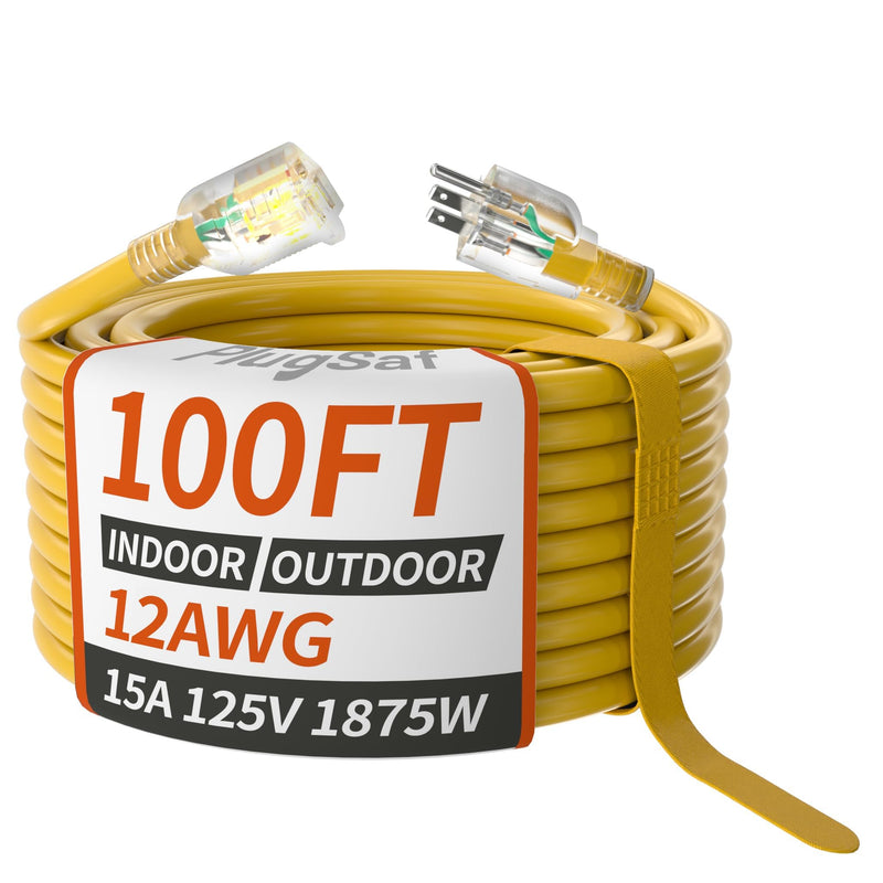 PlugSaf 100ft 12/3 Outdoor Extension Cord Waterproof with Lighted End, 12 Gauge SJTW