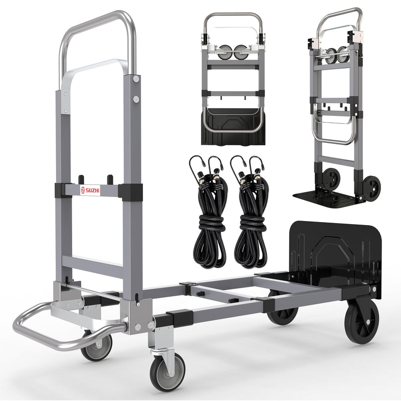 Suzhi Foldable Hand Truck Moving Dolly Cart with 4 Wheels, 500 Lbs Load, 2 Straps