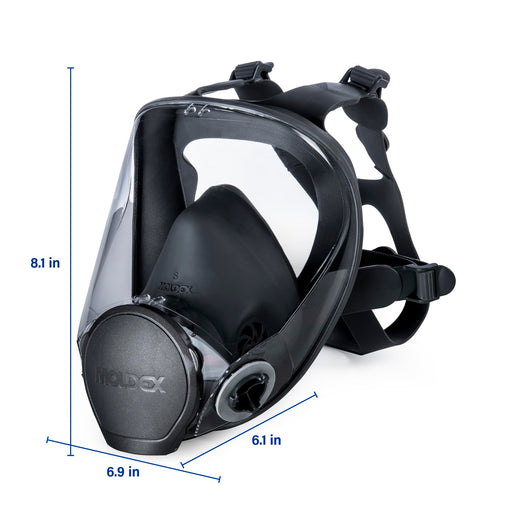 Moldex 9001 Full Face Respirator mask with measurements on a white background