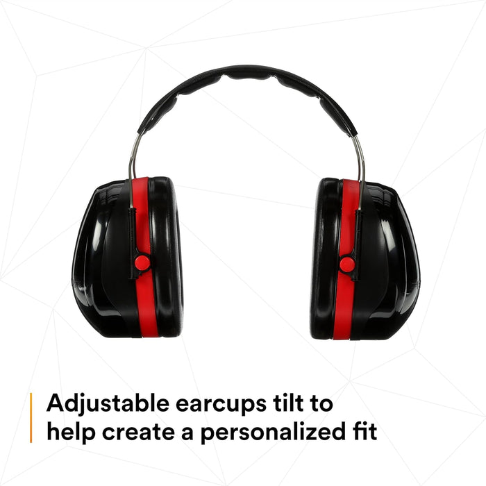 Black and red ear protectors with adjustable earcups on a white background