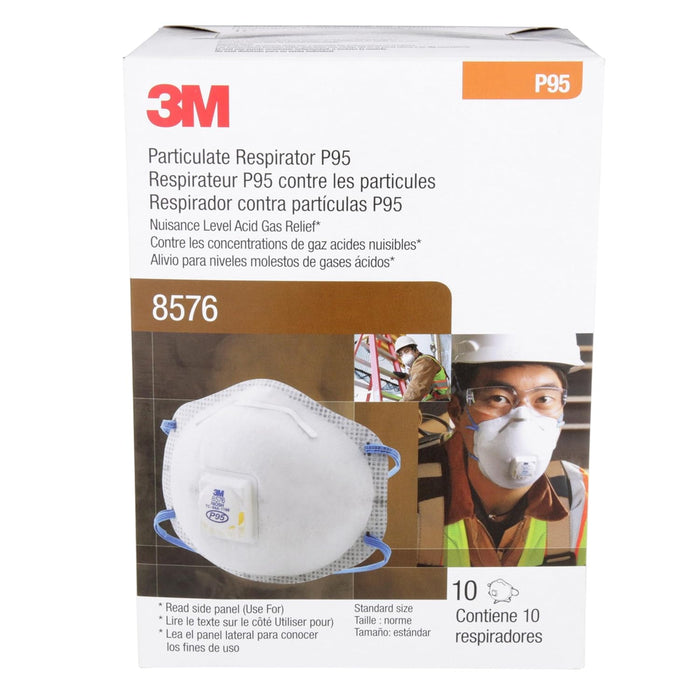 3M 8576 Particulate Respirator P95 packaging with respirator and worker wearing it on a white background