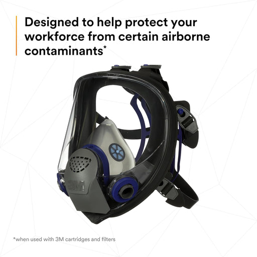 3M FF-403 Full-face respirator with text highlighting its use against airborne contaminants