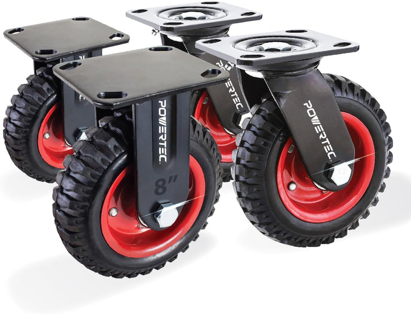 POWERTEC 8 Inch Caster Wheels Set of 4, 2 Swivel and 2 Fixed, Heavy Duty Casters with