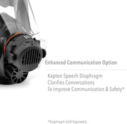 North 760008AS Respirator with Kapton Speech Diaphragm with text on an enhanced communication option