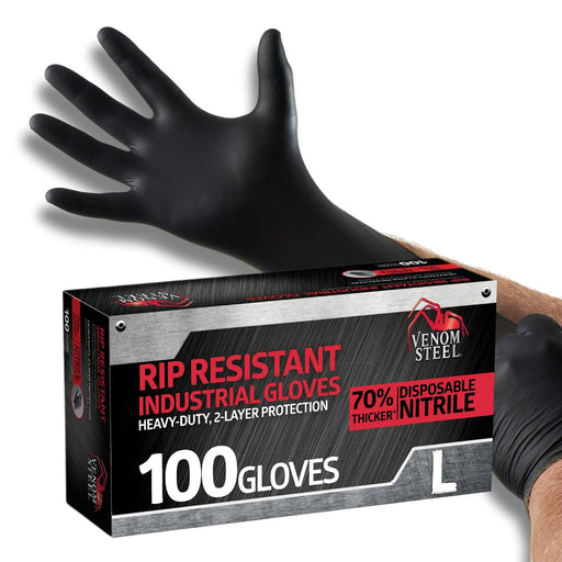 Venom Steel 6 mil black nitrile industrial gloves 100 count heavy duty two-layer