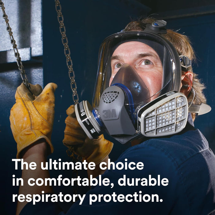 Person wearing a 3M FF-402 respirator mask and gloves with text about respiratory protection.