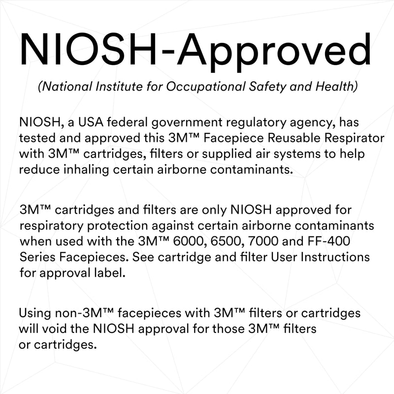 NIOSH-approved text for 3M 6100 facepiece respirator on a white background