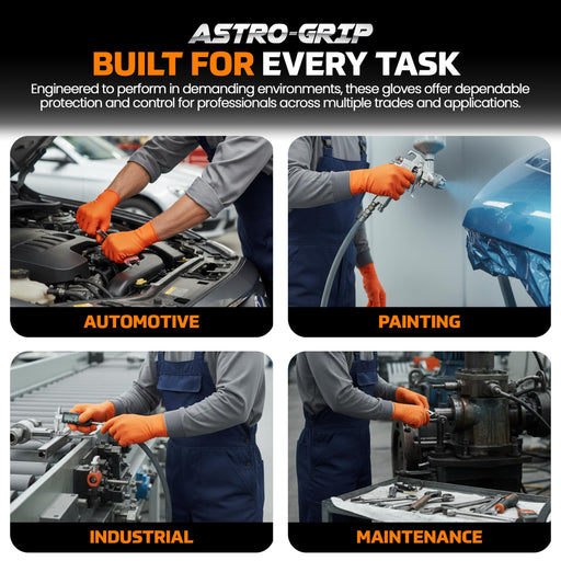 Advertisement for Astro-Grip gloves showing their use in automotive, painting, industrial, and maintenance tasks.