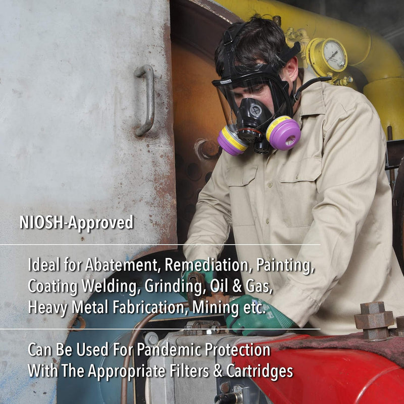 Person wearing a NIOSH-approved North 760008A respiratory mask and protective gear, working in a hazardous environment.