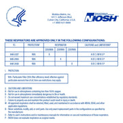 Technical datasheet for N95 respirators with Moldex-Metric Inc. and NIOSH branding.