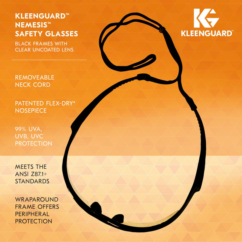 KleenGuard V30 Nemesis 25676 safety glasses with features listed on an orange background