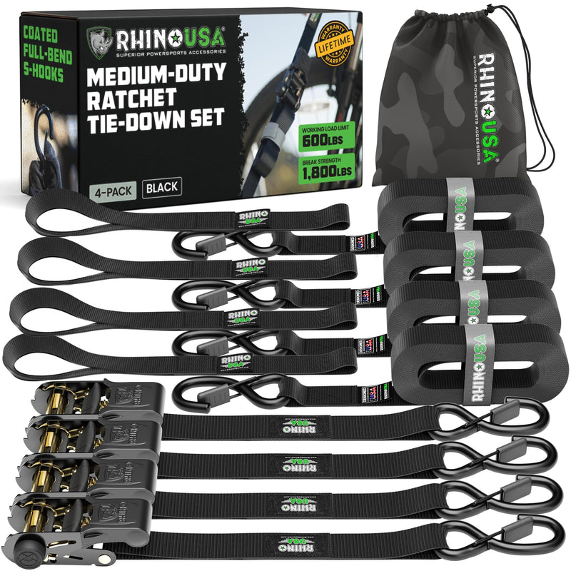 Rhino USA Ratchet Straps Tie Downs 4-Pack, 1 Inch x 15 Feet, 1823lb Break Strength