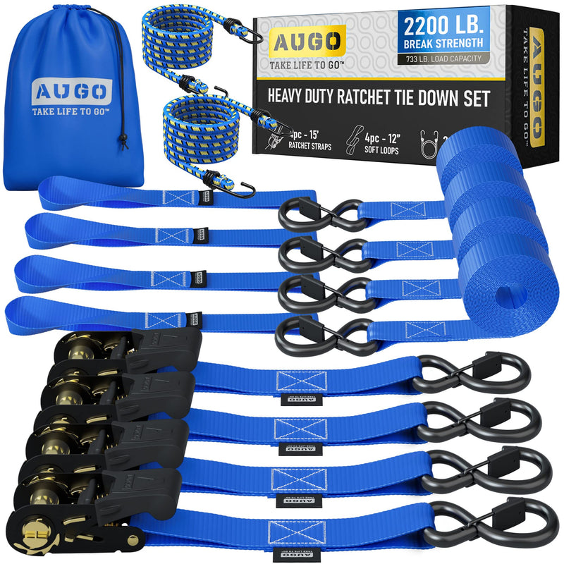 AUGO Ratchet Straps Heavy Duty 4 Pack, 15 FT, 2200 LB Break Strength, with Safety Lock S