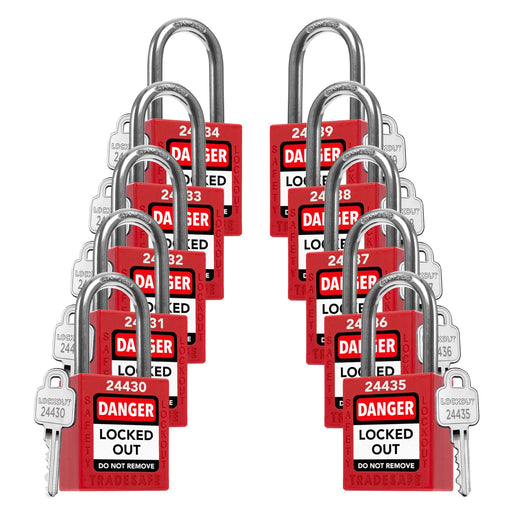TRADESAFE TS1KD10R Lockout Tagout Locks — 10-Pack Red Keyed Different