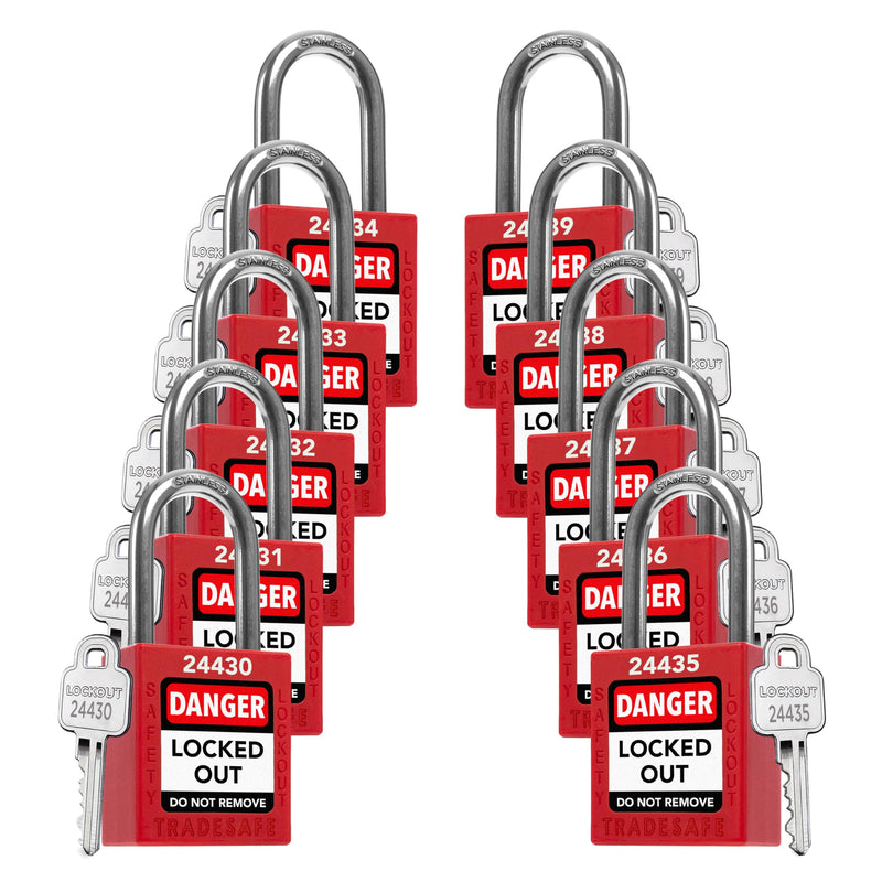 TRADESAFE TS1KD10R Lockout Tagout Locks — 10-Pack Red Keyed Different