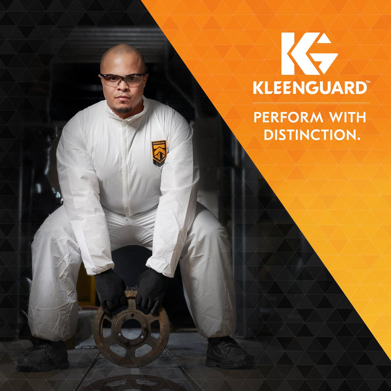 Person in a white protective suit with KleenGuard V30 Nemesis 25676 Safety Glasses and text on an orange and black background