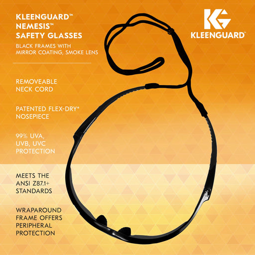 KleenGuard V30 Nemesis 25688 Safety Glasses with features listed on an orange background