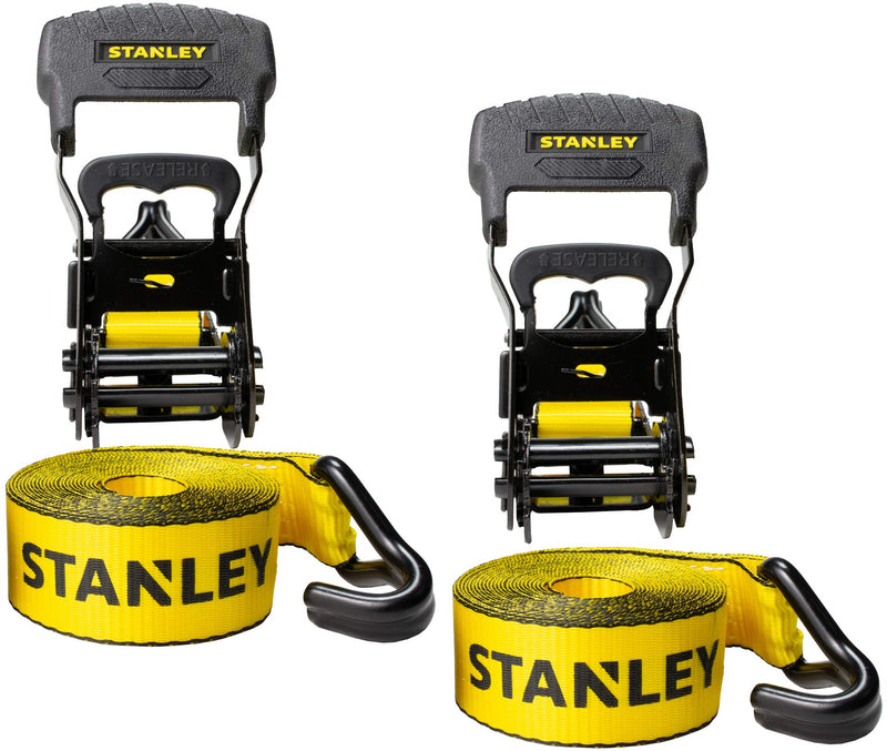 STANLEY S1007 Black/Yellow 1.5in x 16ft Ratchet Tie Down Straps, 1100 lb Safe Working Load