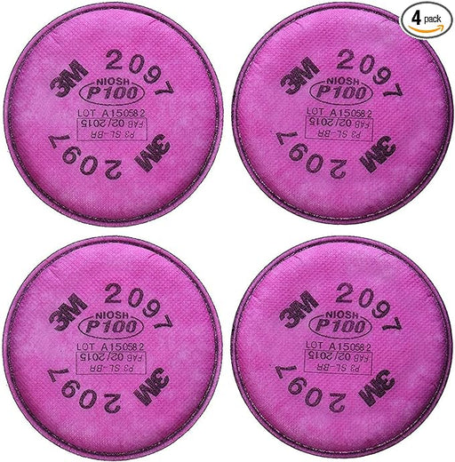 Four purple 3M 2097 filters with P100 rating on a white background