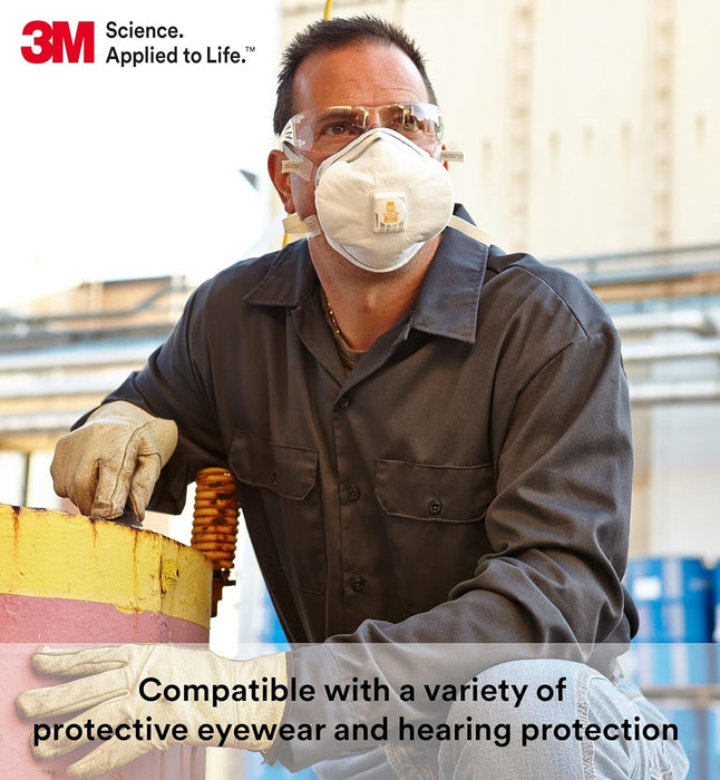 Person wearing 3M 8233 safety gear including mask, goggles, and gloves in a work setting.