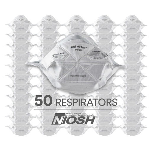 Packaging of 3M 9105 VFlex N95 Disposable Respirator with NIOSH approval on a white background