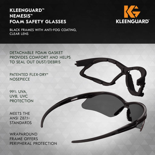 KleenGuard V30 Nemesis 65336 Foam Safety Glasses with product features on a gray background