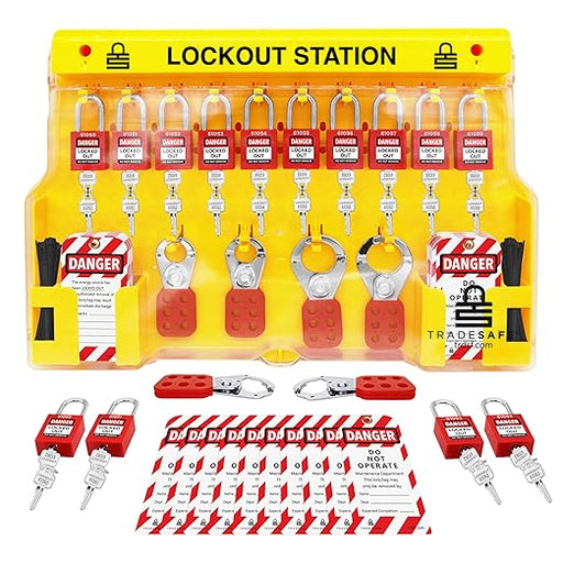 TRADESAFE lockout tagout station 14-pack with padlocks hasps tags kit board