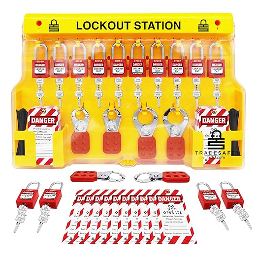 TRADESAFE Lockout Tagout Station - 14 Pack Safety Lock Set with 6 Hasps, 40 Tags, Kit Board