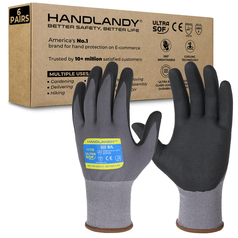HANDLANDY MicroFoam Nitrile-Coated Safety Work Gloves, 6 Pairs