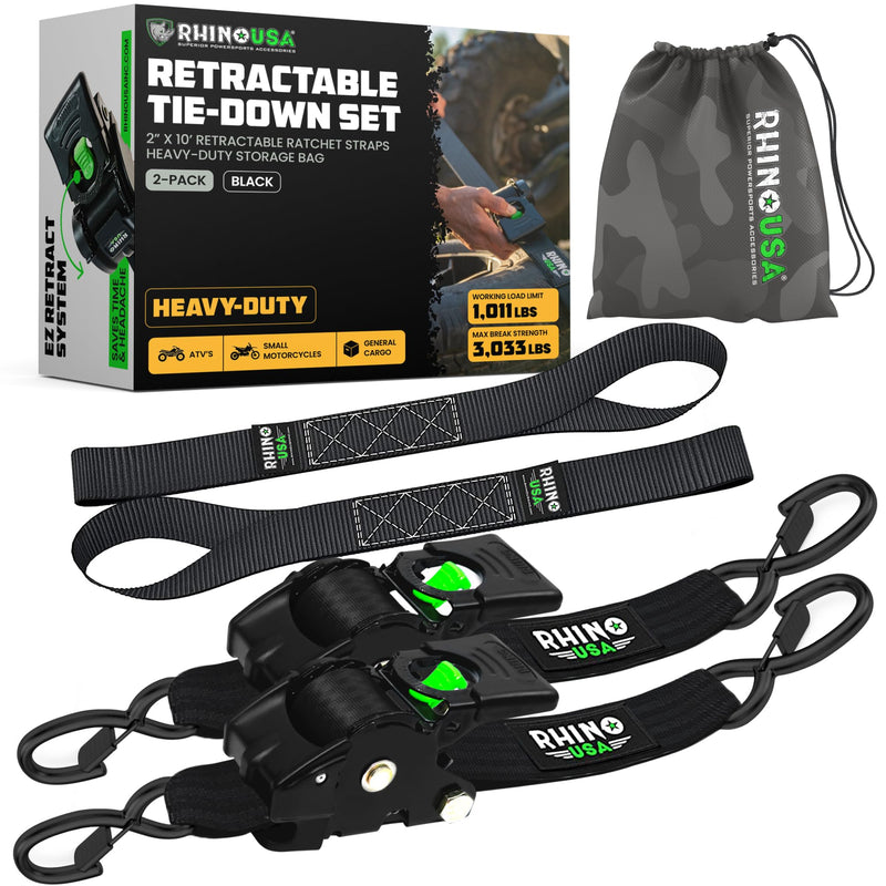 Rhino USA Retractable Ratchet Straps 2-Pack, 2in x 10ft, 3033lb Break Strength, Heavy