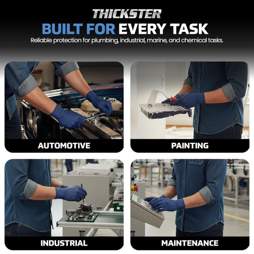 Advertisement for Thickster gloves showing their use in automotive, painting, industrial, and maintenance tasks.